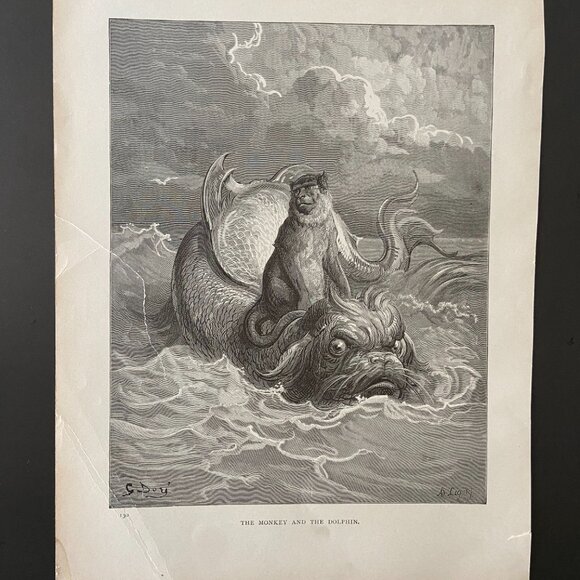 Gustave Dore,  Woodcut Engraving, Antique Print, The Monkey and the Dolphin - Picture 3 of 5